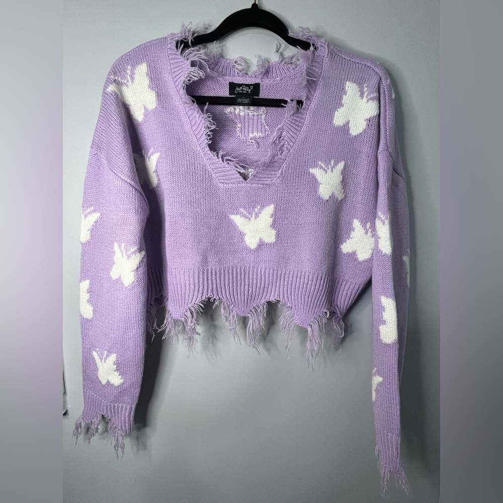 Just Polly New York Women Butterfly Knitted Purple Frayed Sweater Medium